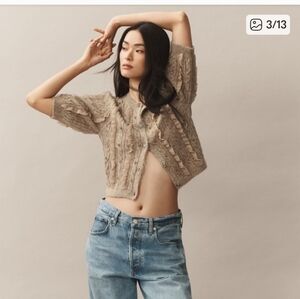 Maeve Tan Knit Cardigan with Jewel Accent